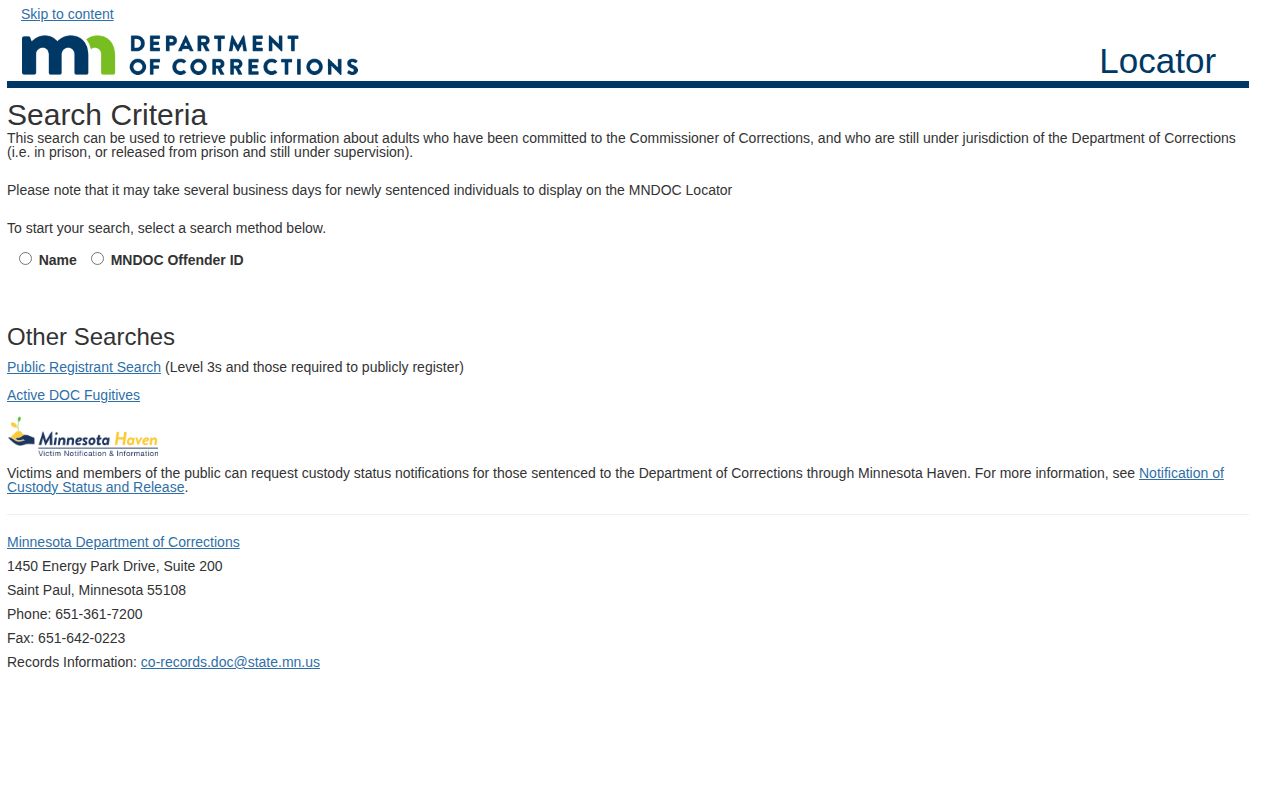 Wright County state custody record search in the MNDOC Locator