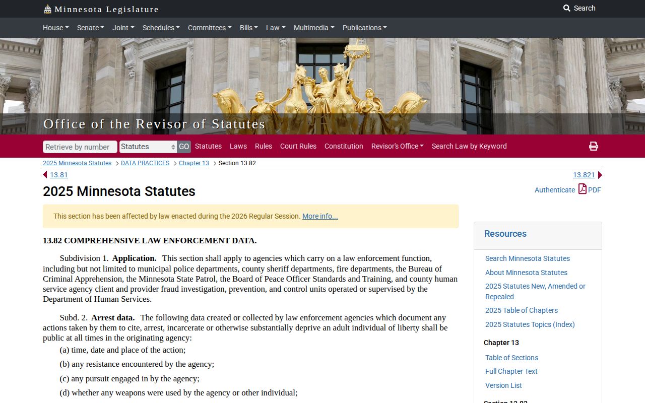 Wright County booking-record law on the Minnesota arrest-data statute page
